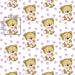 Baumwolle 100% Bären beige mit lila Erbsen auf weißem Hintergrund  