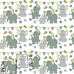 Baumwolle 100% Elefanten mit gelb-türkisfarbenen Fähnchen auf weißem Hintergrund  