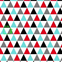 Baumwolle 100% große türkis-rote Dreiecke auf weißem Hintergrund.  