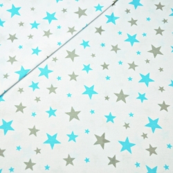 Baumwolle 100% neue kleine und große Sterne türkis-grau auf weißem Hintergrund.  