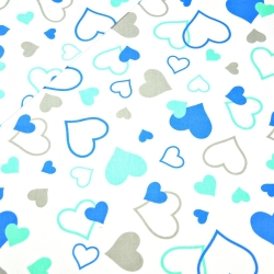 Baumwolle 100% Herzen LOVE blau-mint auf weißem Hintergrund  