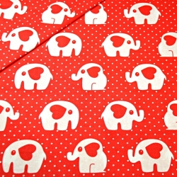 Baumwolle 100% Elefanten mit Herz und Punkten auf rotem Hintergrund.  