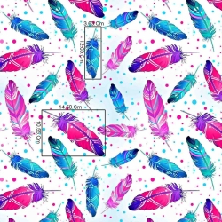 Baumwolle 100% blaue-rosa Federn mit Punkten auf weißem Hintergrund  