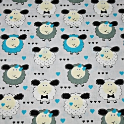 Baumwolle 100% blau-weiße Schafe auf grauem Hintergrund  