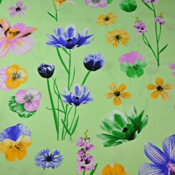 Baumwolle 100% Frühlingsblumen auf grünem Hintergrund  