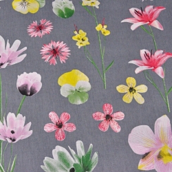 Baumwolle 100% Frühlingsblumen auf grauem Hintergrund  