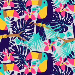 wasserabweisender Stoff bunte Tukane auf grauem Hintergrund  