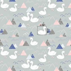 Baumwolle 100% Schwäne und Berge auf grauem Hintergrund  