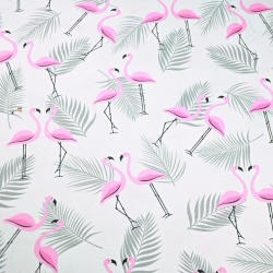 Baumwolle 100% Flamingos mit Blättern rosa-grau auf weißem Hintergrund  