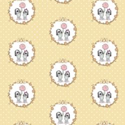 Baumwolle 100% Hunde in Rädern auf beige gepunktetem Hintergrund  