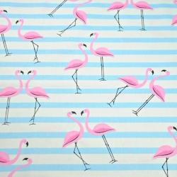 Baumwolle 100% Flamingos mit himmelblauen Streifen auf weißem Hintergrund  