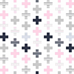 Baumwolle 100% gemusterte Pluszeichen grau-rosa auf weißem Hintergrund  