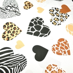 Baumwolle 100% große gemusterte Herzen schwarz-braun auf weißem Hintergrund.  