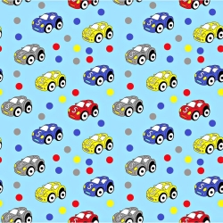 Baumwolle 100% bunte Autos mit Punkten auf blauem Hintergrund  