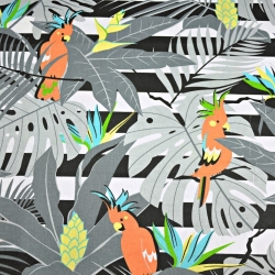 Baumwolle 100% orange Papageien auf grauen Blättern auf Streifen  