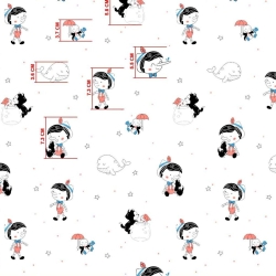 Baumwolle 100% Pinocchio rot-blau auf weißem Hintergrund  