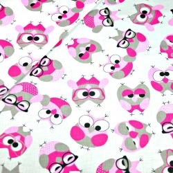 Baumwolle 100% Eulen grau-rosa mit Brille auf weißem Hintergrund  