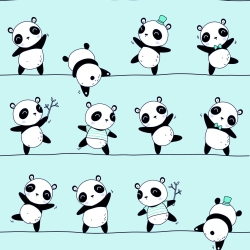 Baumwolle 100% tanzende Pandas auf mintgrünem Hintergrund  