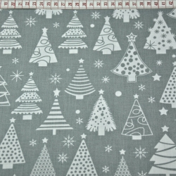 Baumwolle 100% Weihnachtsmuster Tannenbäume mit Kugeln auf grauem Hintergrund  