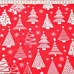 Baumwolle 100% Weihnachtsmuster Tannenbäume mit Kugeln auf rotem Hintergrund  