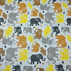 Baumwolle 100% beige-gelbe Elefanten auf weißem Hintergrund  