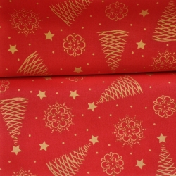 Baumwolle 100% Weihnachtsmuster goldene und glänzende Tannenbäume auf rotem Hintergrund  