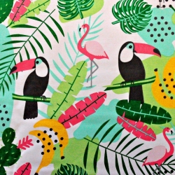 Baumwolle 100% bunte Tukane und Flamingos auf weißem Hintergrund  