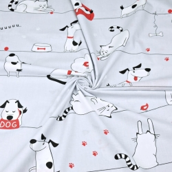 Baumwolle 100% Hunde und Katzen in Streifen auf grauem Hintergrund  