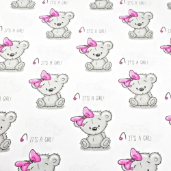 Baumwolle 100% Bären GIRL mit rosa Schleife auf weißem Hintergrund  
