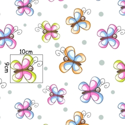 Baumwolle 100% bunte Schmetterlinge mit grauen Punkten auf weißem Hintergrund  