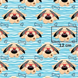 Baumwolle 100% Hunde mit Brille auf blau-weißen Streifen  