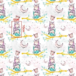 Baumwolle 100% goldene Eulen auf Ästen auf weißem Hintergrund  