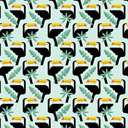 Baumwolle 100% Tukane mit Blättern auf mintfarbenem Hintergrund  