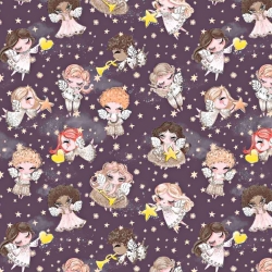 Baumwolle 100% goldene Engelchen beige auf dunkelviolettem Hintergrund  