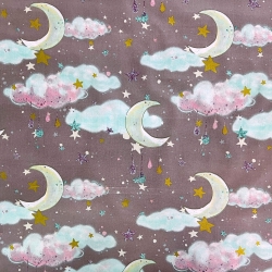 Baumwolle 100% goldene Monde mit Wolken auf violettem Hintergrund  