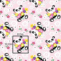 Baumwolle 100% Pandas mit Blumen auf rosa Hintergrund  