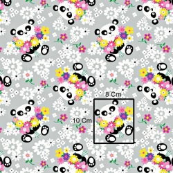 Baumwolle 100% Pandas mit Blumen auf grauem Hintergrund  