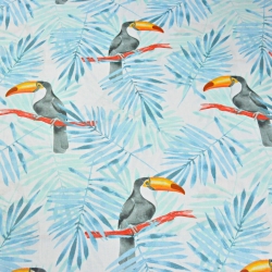 Baumwolle 100% Tukane mit blau-mintfarbenen Palmenblättern auf weißem Hintergrund  