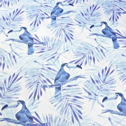 Baumwolle 100% Tukane mit blau-dunkelblauen Palmenblättern auf weißem Hintergrund  