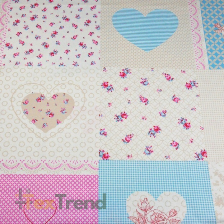 Baumwolle 100% Patchwork Herzen und Blumen rosa-blau  