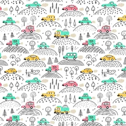 Baumwolle 100% bunte Autos auf einem Hügel auf weißem Hintergrund  