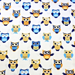 100% Baumwolle blau-beige Eulen auf weißem Hintergrund  