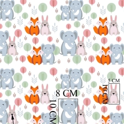 Baumwolle 100% Elefanten mit Füchsen in Bäumen auf weißem Hintergrund  