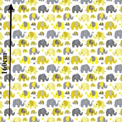 100% Baumwolle MINI indische Elefanten grau-gelb auf weißem Hintergrund  