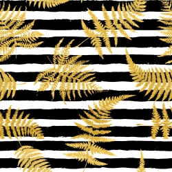 wasserabweisender Stoff goldene Farnblätter auf schwarz-weißen Streifen  