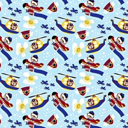 Baumwolle 100% Bären in Hubschraubern blau-rot auf hellblauem Hintergrund  