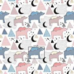 100% Baumwolle blau-rosa Bären in den Bergen auf weißem Hintergrund  