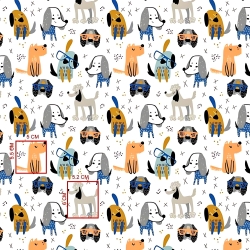 Baumwolle 100% Hunde blau-orange auf weißem Hintergrund  