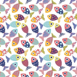 Baumwolle 100% gemusterte bunte Fische auf weißem Hintergrund  