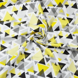 Baumwolle 100% Dreiecke mit Punkten gelb-grau auf weißem Hintergrund  